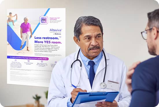 Doctor talking to patient in front of Altaviva brochure