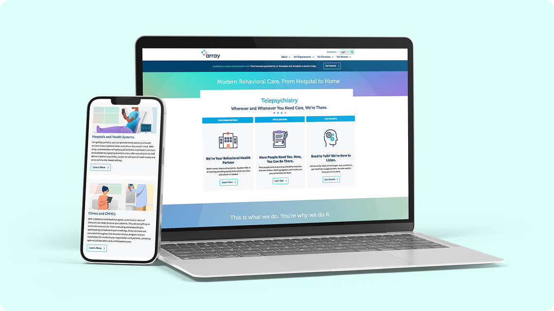 array updated website on a cell phone and a laptop
