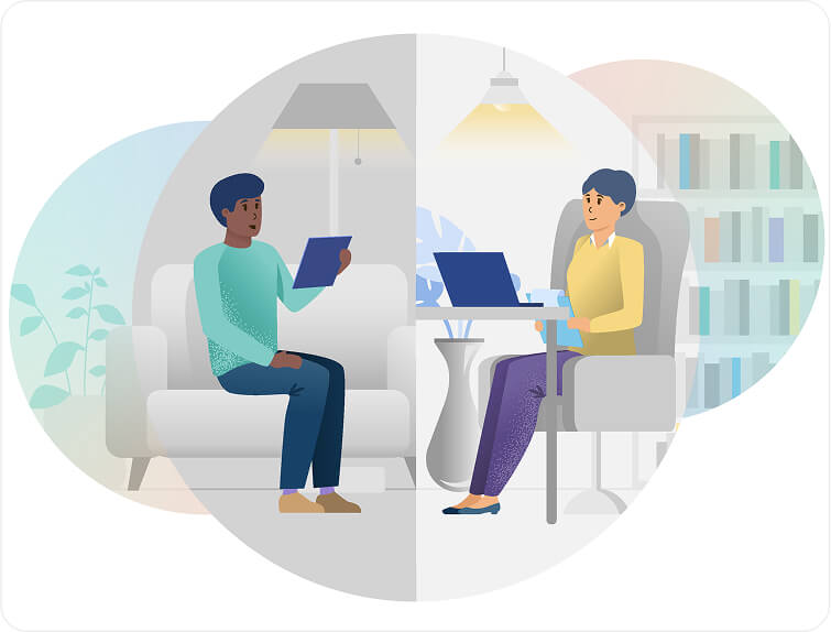 Illustration of two people one on a tablet in a dim room, and one on a laptop in a bright room