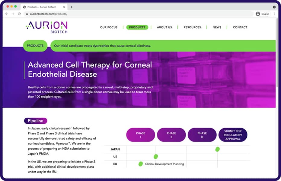 Aurion Biotech updated website products page