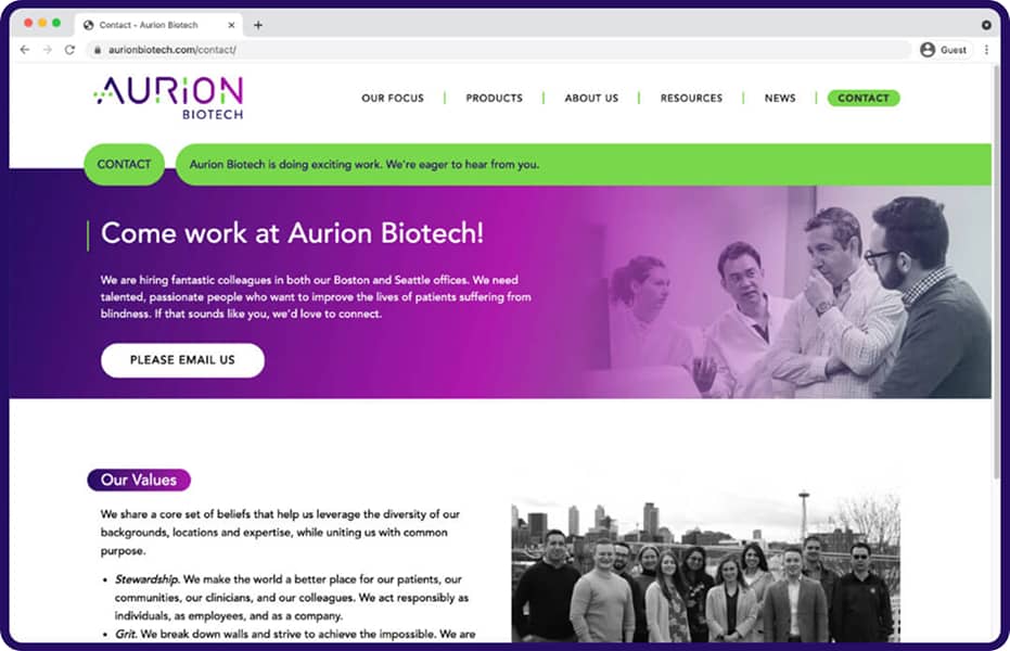 Aurion Biotech updated website contact page