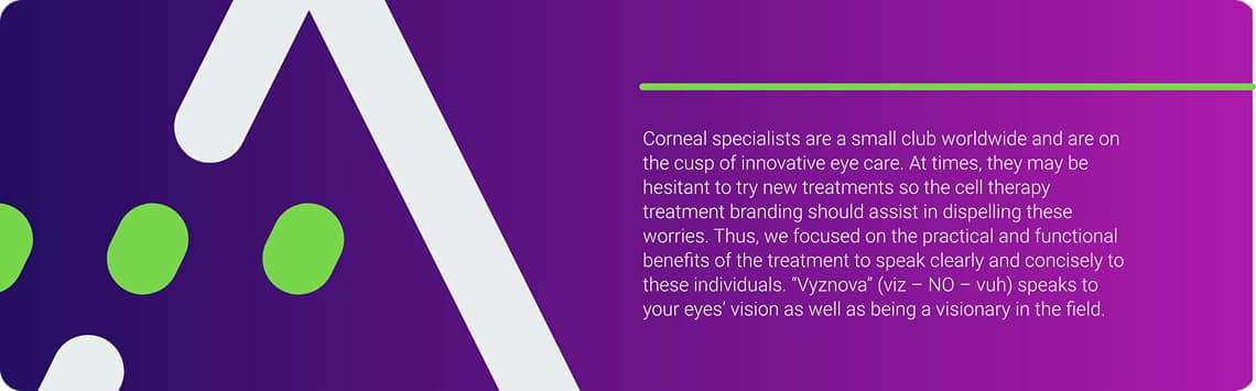 Text explains branding for Vyznova to reassure corneal specialists and highlight treatment benefits.