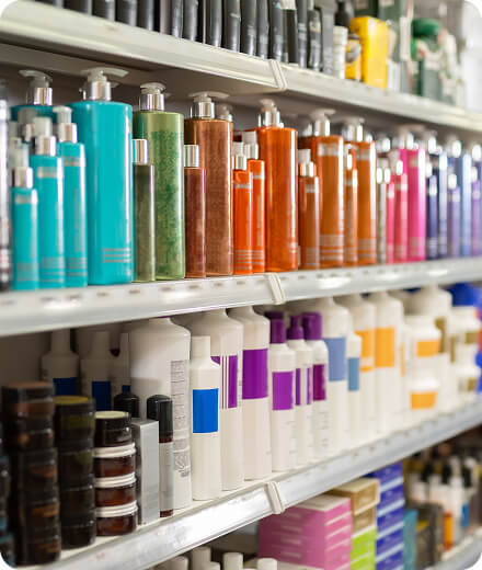 Store shelves filled with colorful bottles