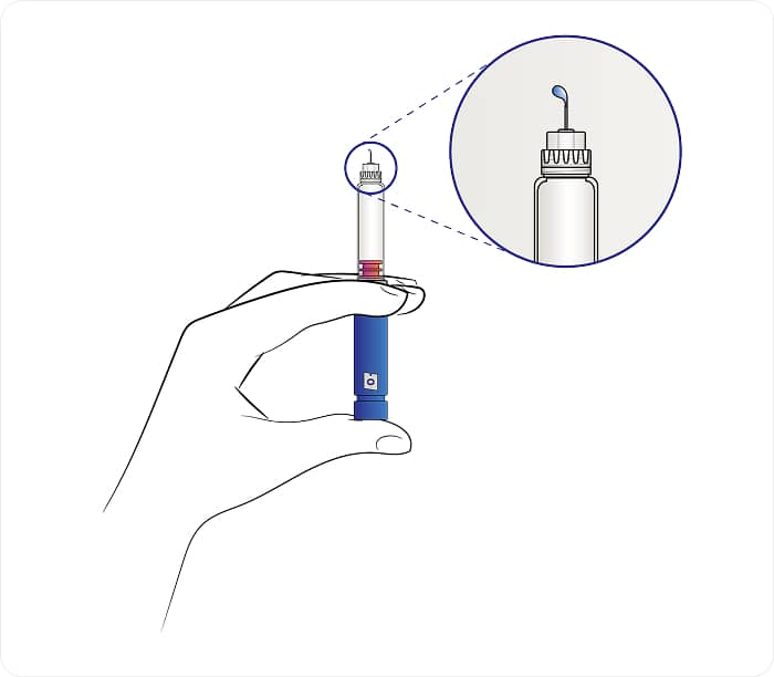 Illustration of injection pen being squeezed with a droplet at the tip of the syringe