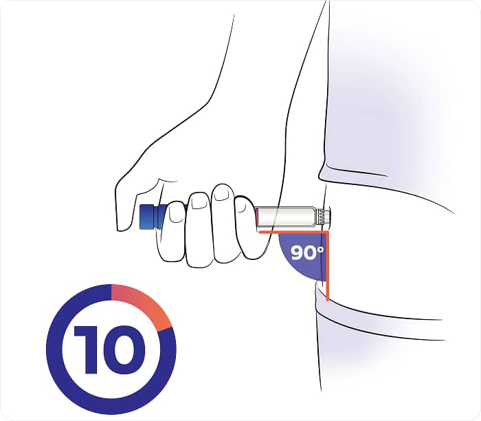 Illustration of an injection pen being inserted at a 90 degree angle for ten seconds