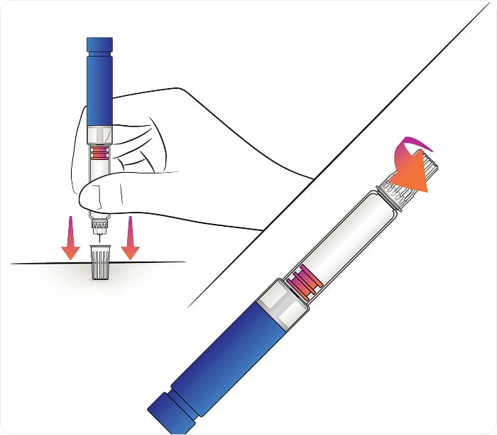 Illustration of injection pen being pushed into the cap and the cap being twisted
