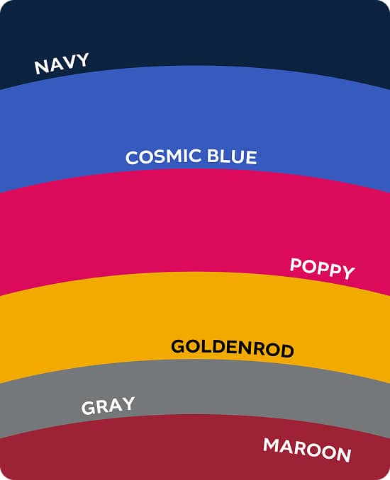 GALAXIES' brand color kit of navy, cosmic blue, poppy, goldenrod, gray, and maroon