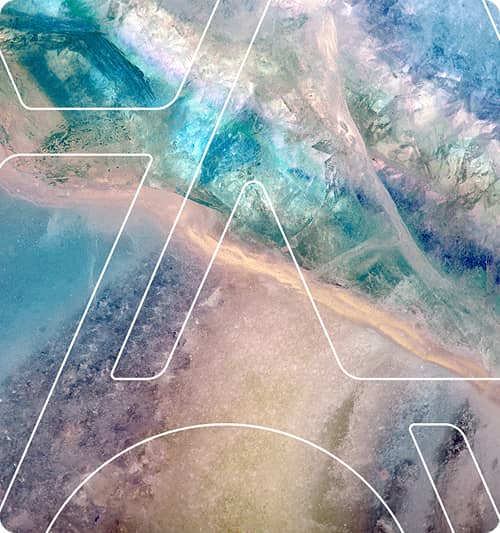 Top down image of textured patterns in green, blue, and beige tones, overlaid with white geometric lines