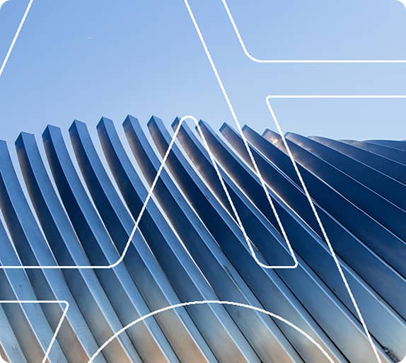 Abstract architectural detail with curved metallic beams under a clear blue sky, overlaid with thin white geometric lines