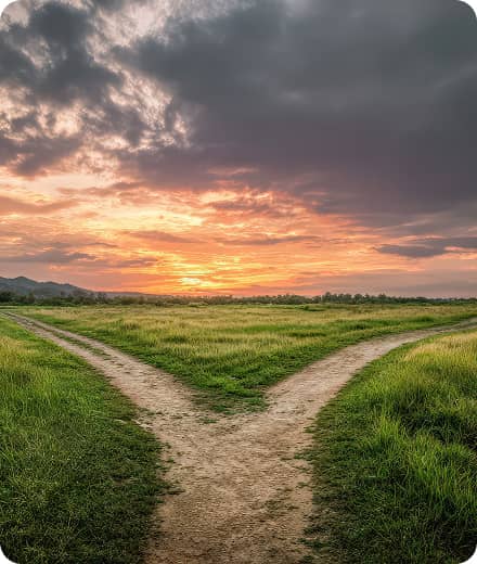 Splitting dirt path in a field overlooking a sunset