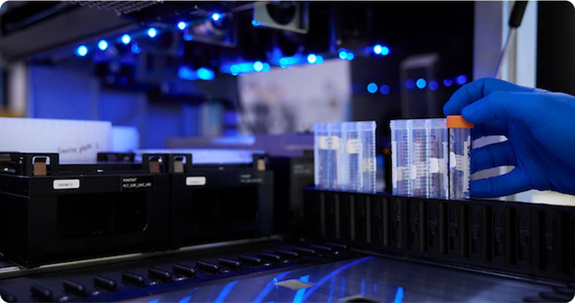 Rack of vials in a dim lab