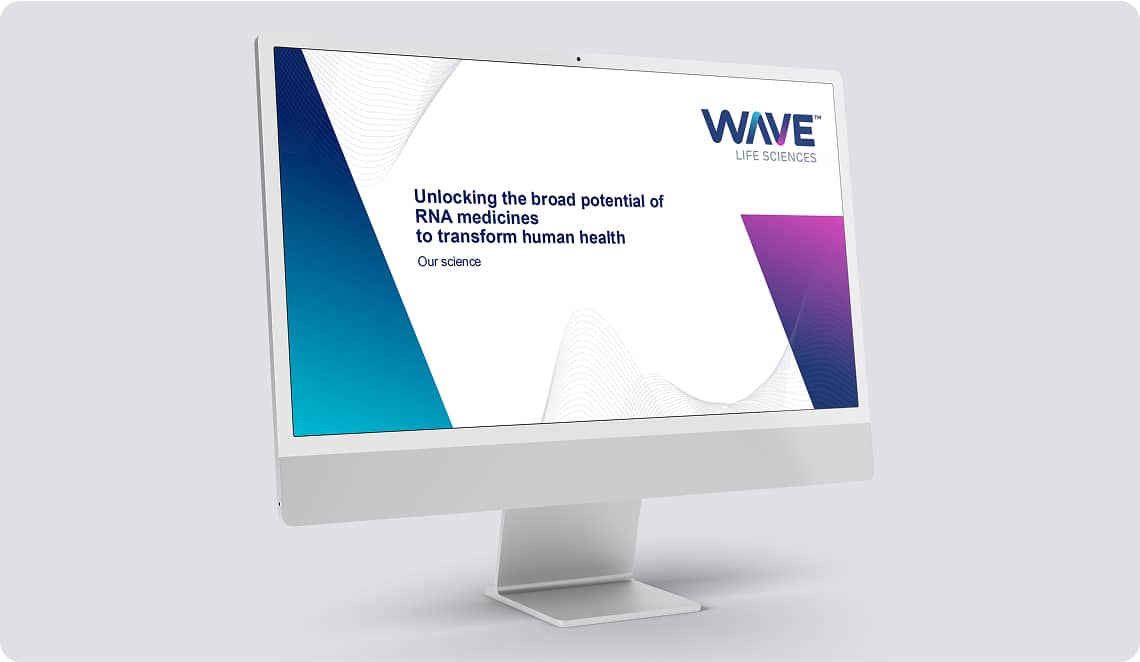 Computer screen showing Wave Life Sciences slide about unlocking RNA medicines to transform human health