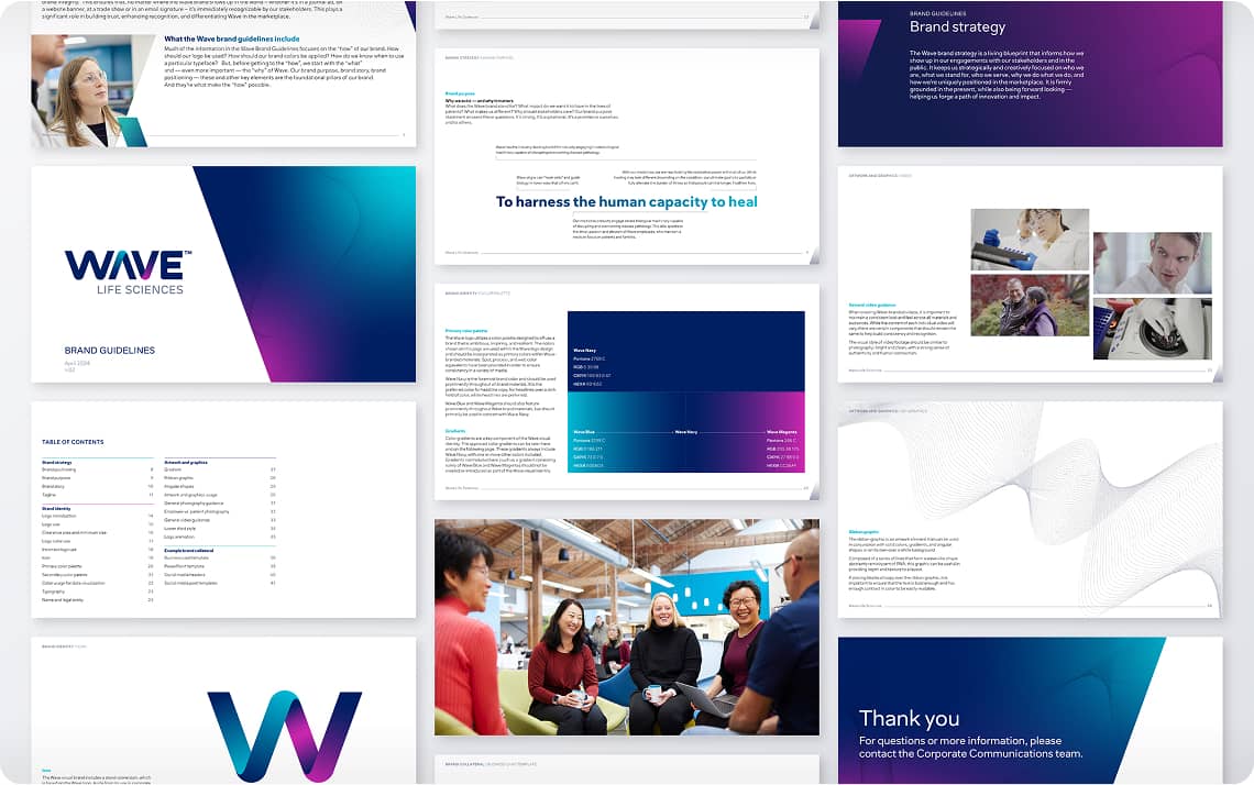 Various thumbnails of the Wave Life Sciences Brand Guidelines File